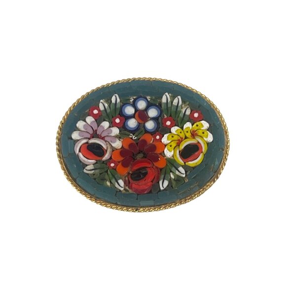 Italian Mosaic Floral Brooch Pin Oval Shape with Gold Tone Frame Intricately Des - Picture 4 of 8